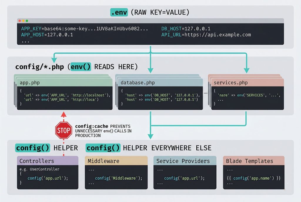 laravel get config variable — .env feeds config files feeds config() helper