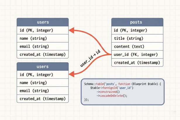 Laravel foreign key constraint linking posts.user_id to users.id in a schema diagram