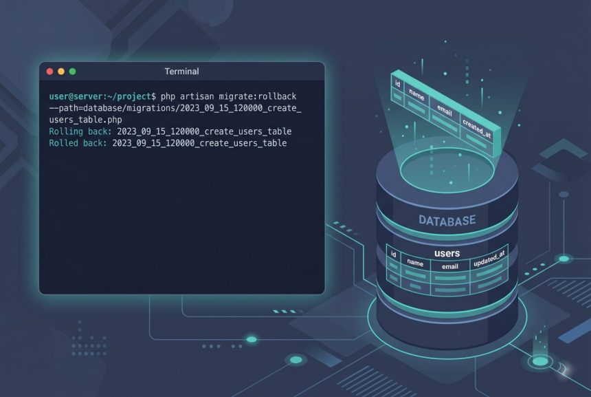 Laravel rollback specific migration — Artisan migrate:rollback --path command illustration