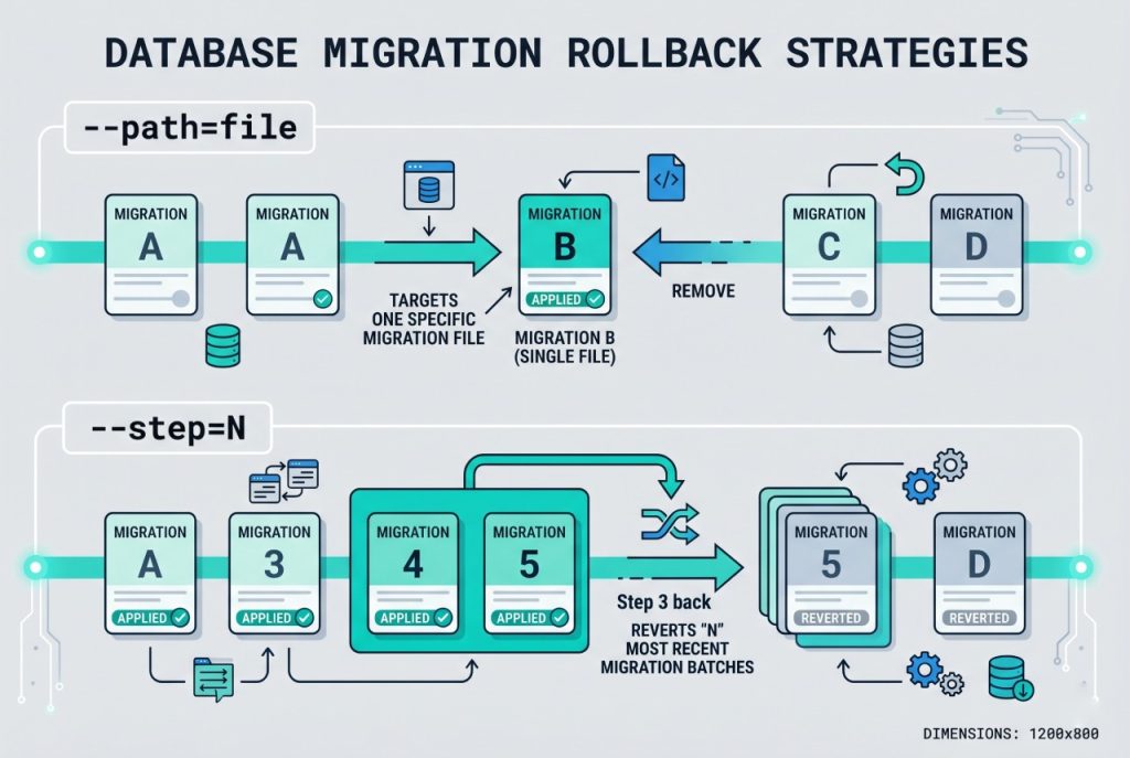 laravel rollback specific migration — migrate:rollback --path versus --step flow