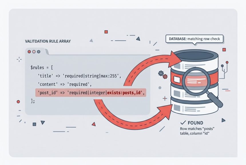 Laravel validator exists rule checking a post_id against the posts table