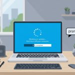 Fake Windows update prank — fullscreen blue Windows update screen on an office laptop