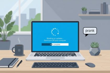 Fake Windows update prank — fullscreen blue Windows update screen on an office laptop