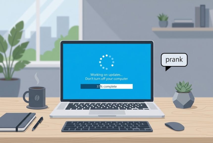 Fake Windows update prank — fullscreen blue Windows update screen on an office laptop