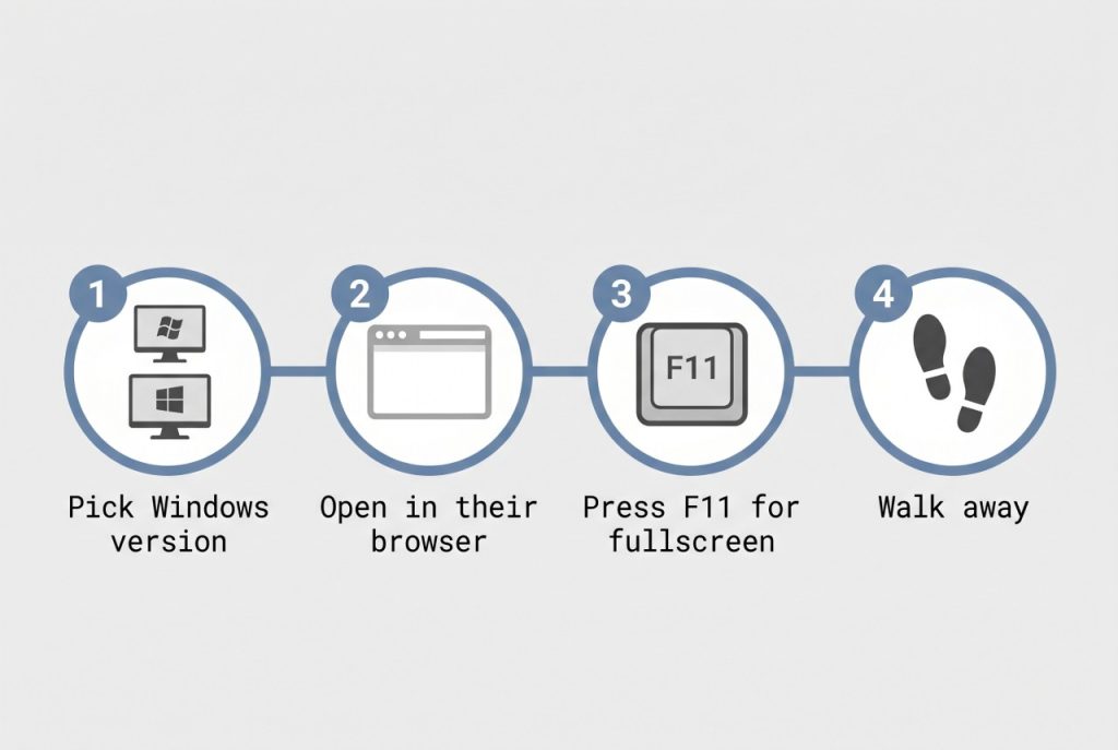 Fake Windows update prank — pick version, open page, press F11, walk away