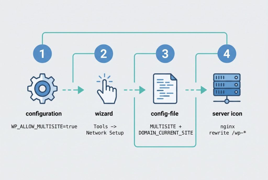 wordpress multisite subdirectories nginx — wp-config flags, network setup, nginx rewrite flow