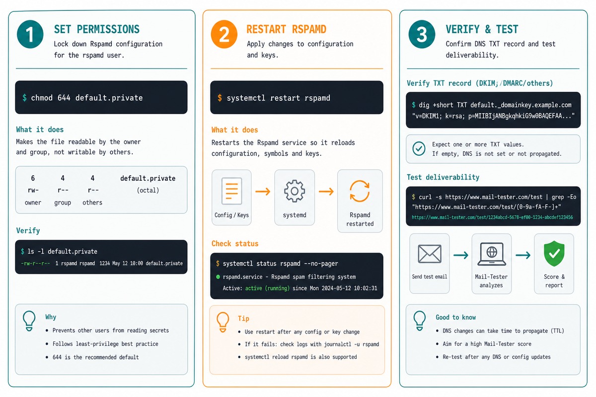 aaPanel DKIM signing fix — chmod 644 on .private key, restart rspamd, publish TXT record