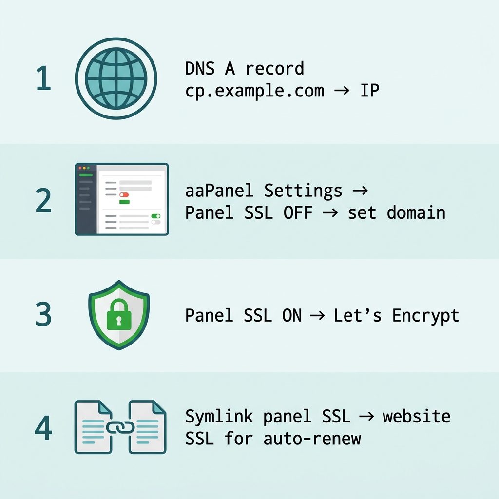 aaPanel domain and SSL setup — DNS record, disable SSL, set domain, enable Let's Encrypt