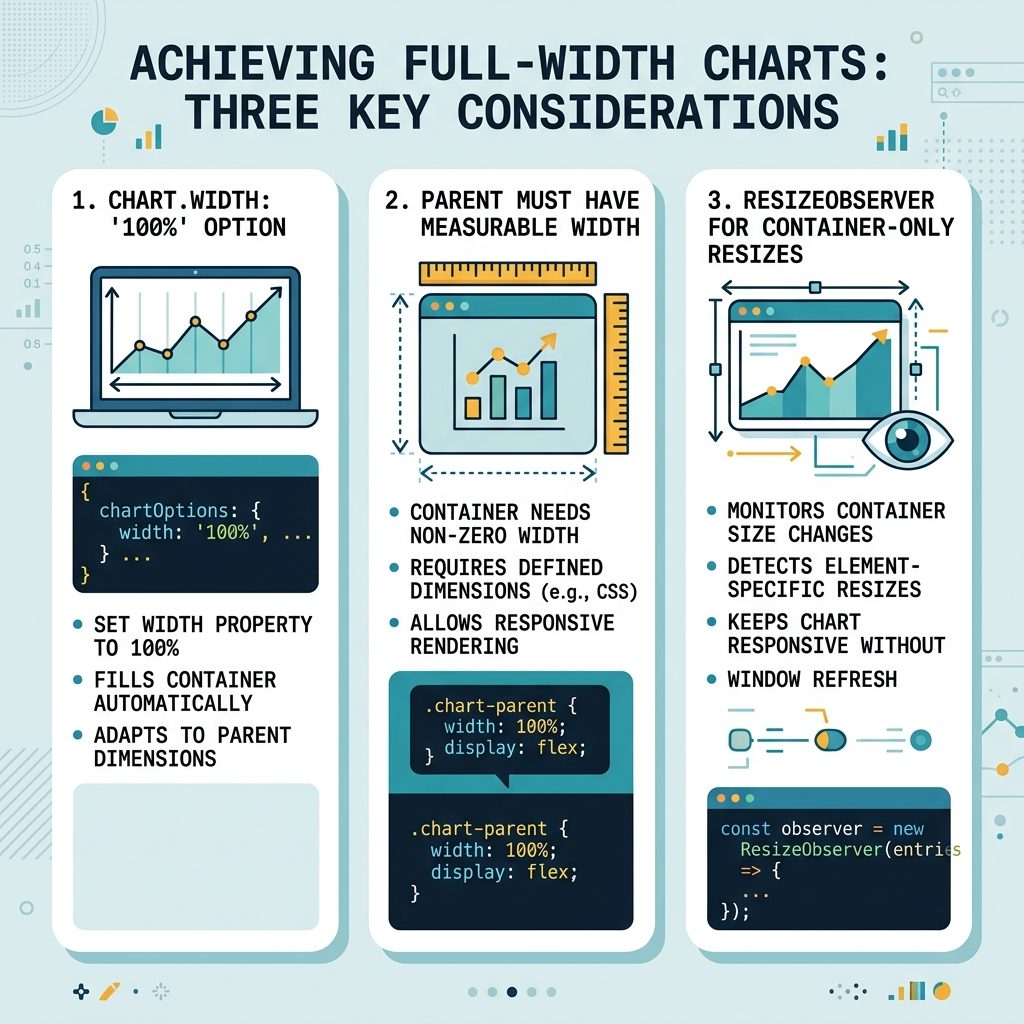 ApexCharts full-width — width 100% option, parent must have width, ResizeObserver for container changes