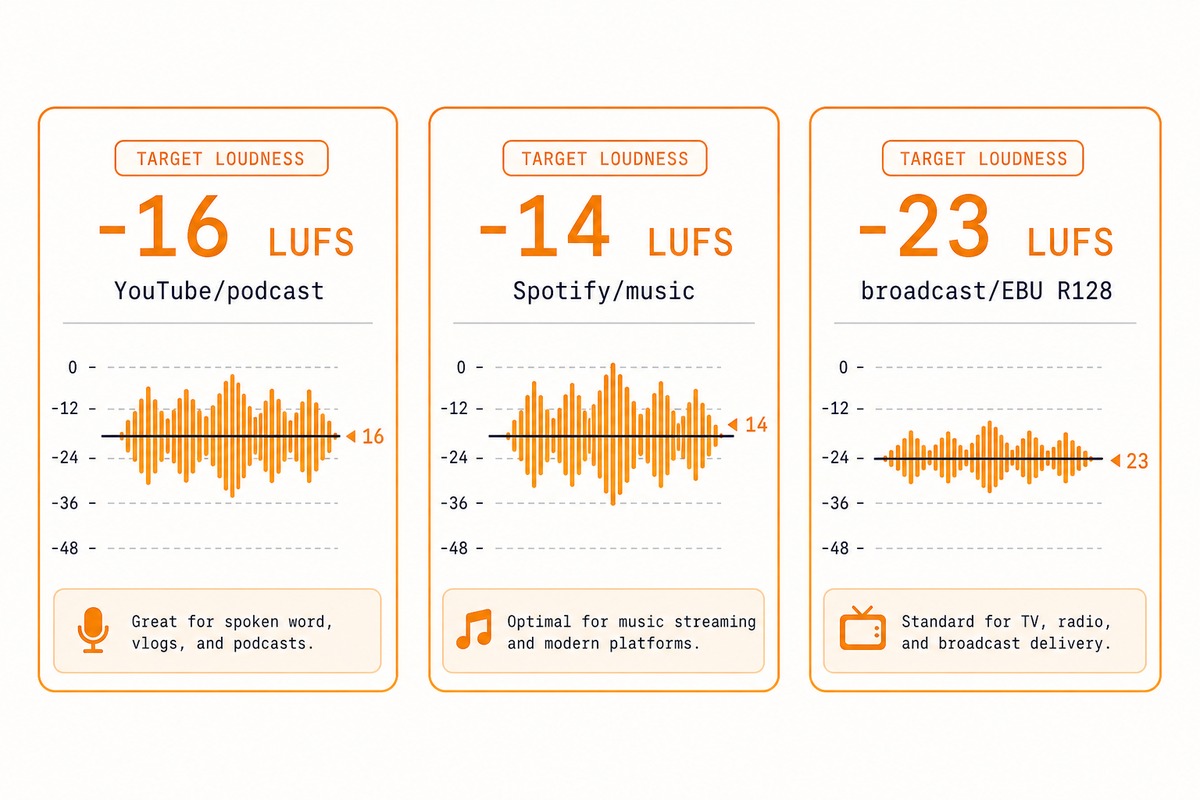 Audio boost — two-pass loudnorm filter, LUFS target picker, FFmpeg.wasm