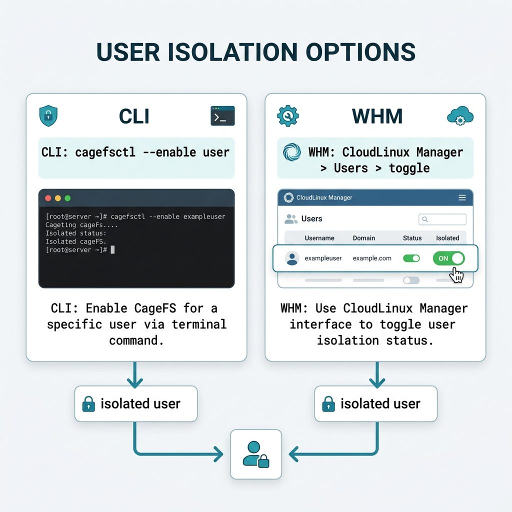 Enable CageFS for a user — CLI cagefsctl command and WHM CloudLinux Manager toggle