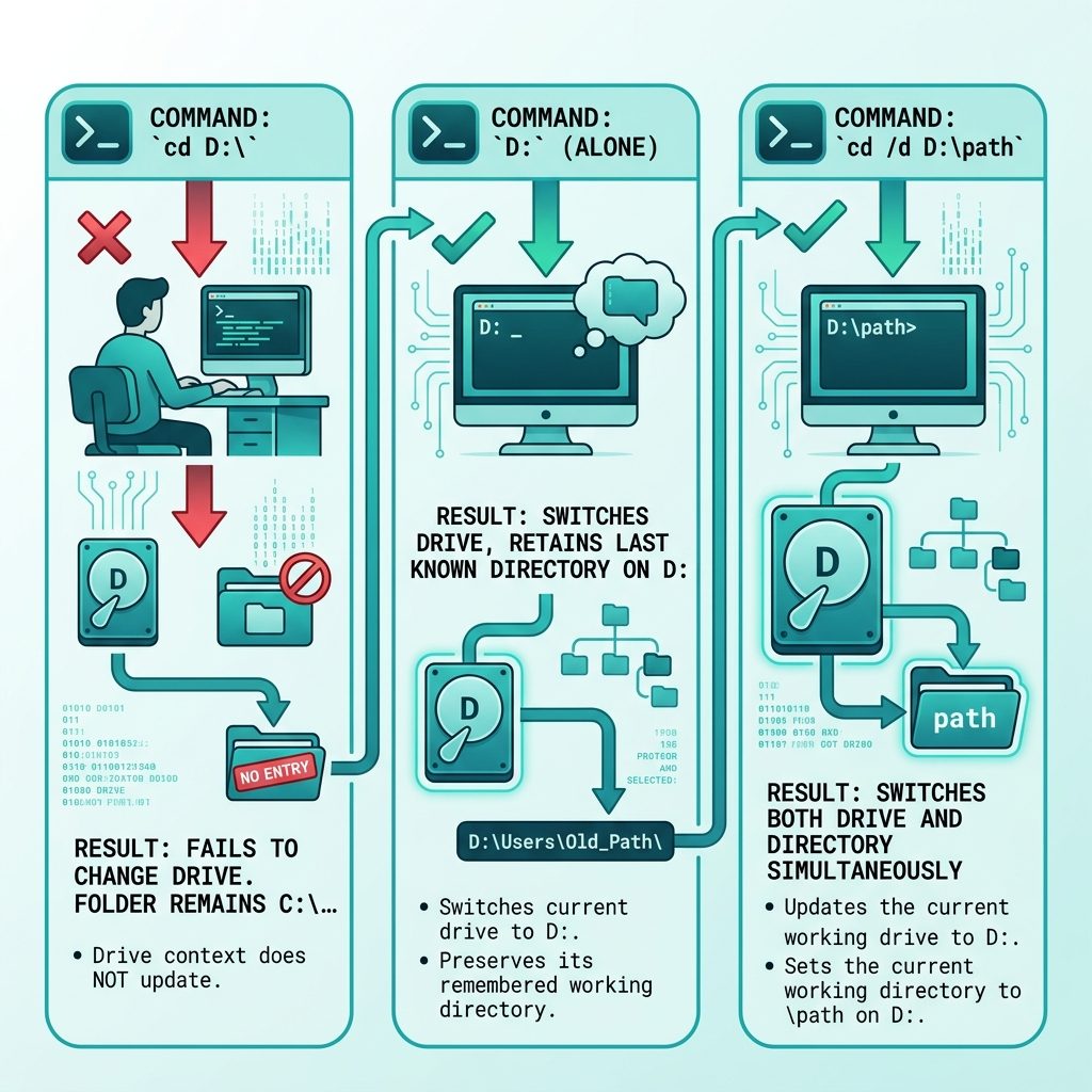 cd to different drive Windows — D: switches drive, cd /d switches both drive and directory