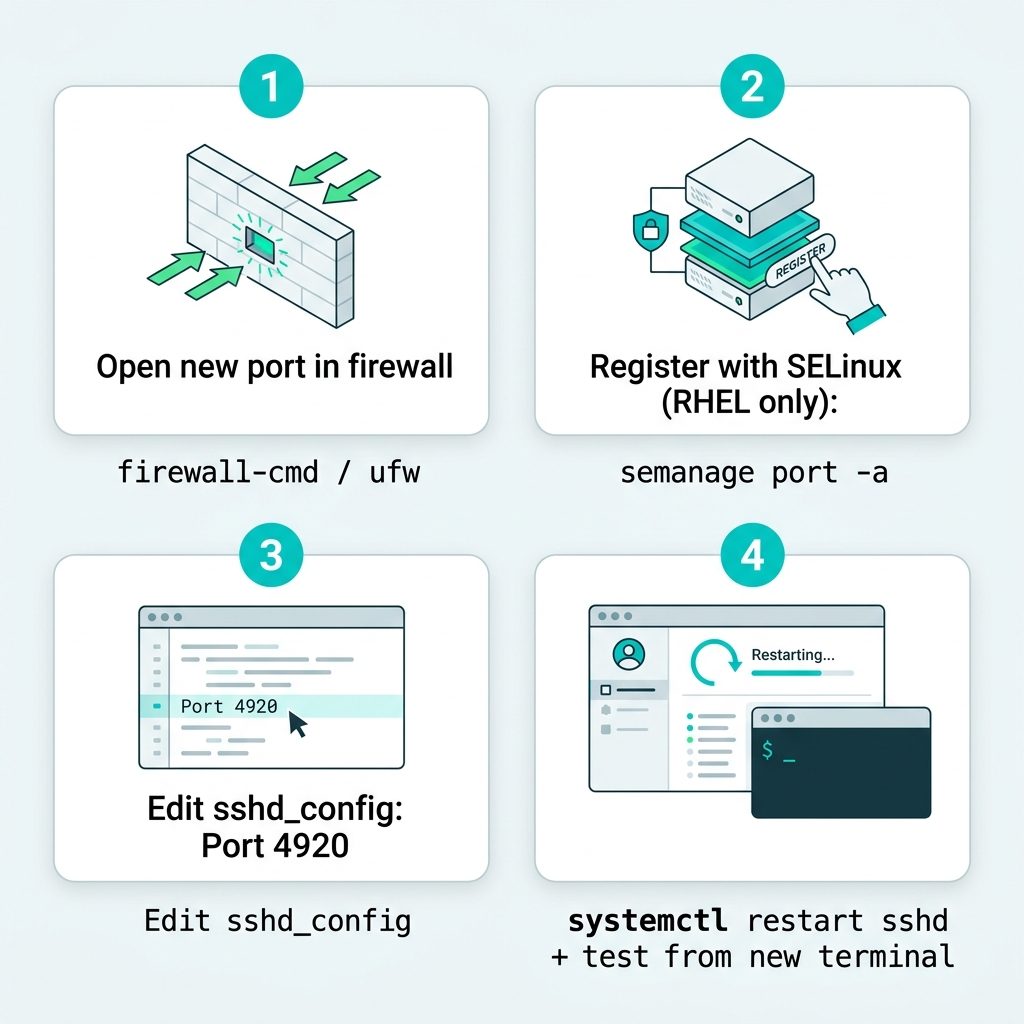 Change SSH port on Linux — firewall, SELinux semanage, sshd_config, systemctl restart