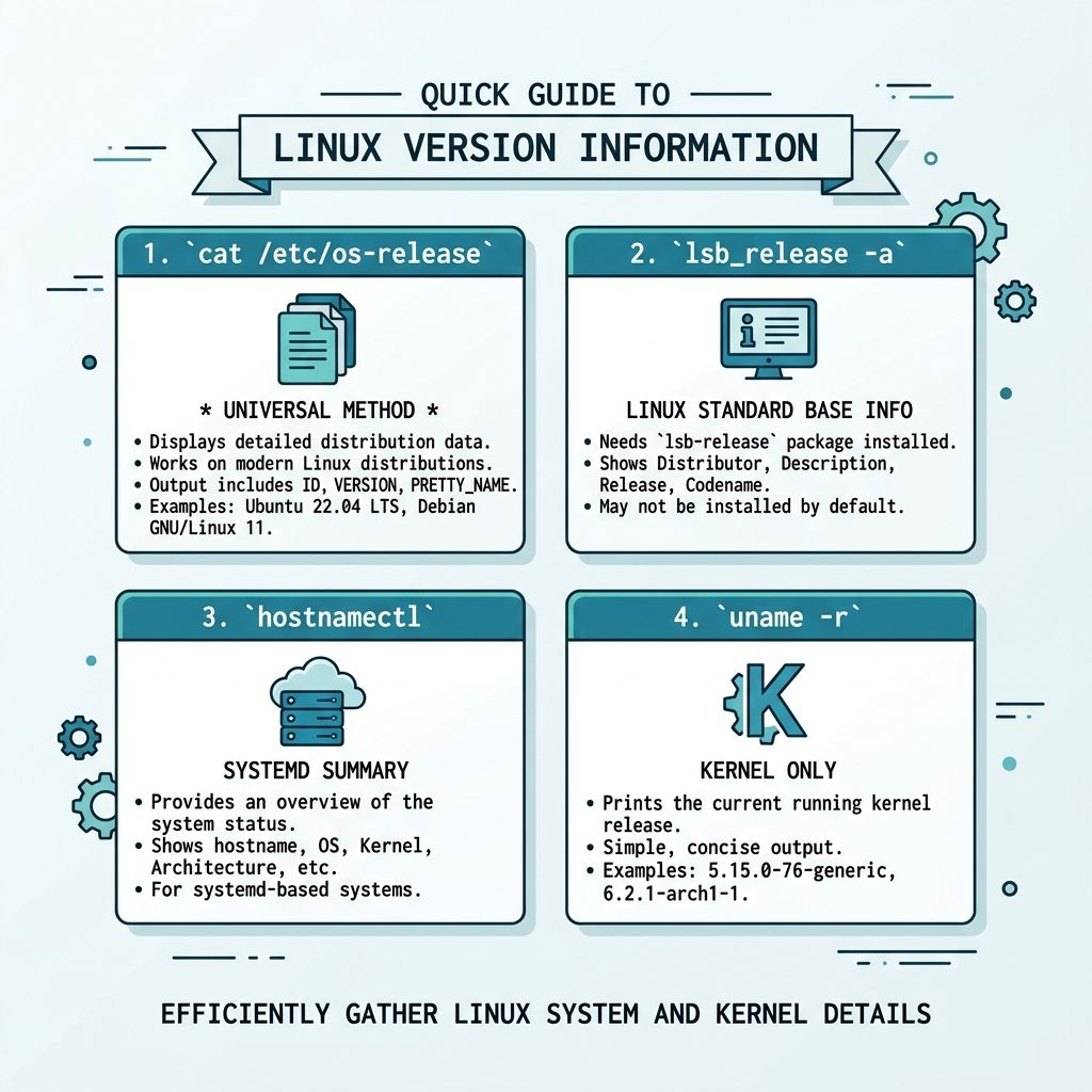 Check Linux OS version — /etc/os-release, lsb_release, hostnamectl, uname compared