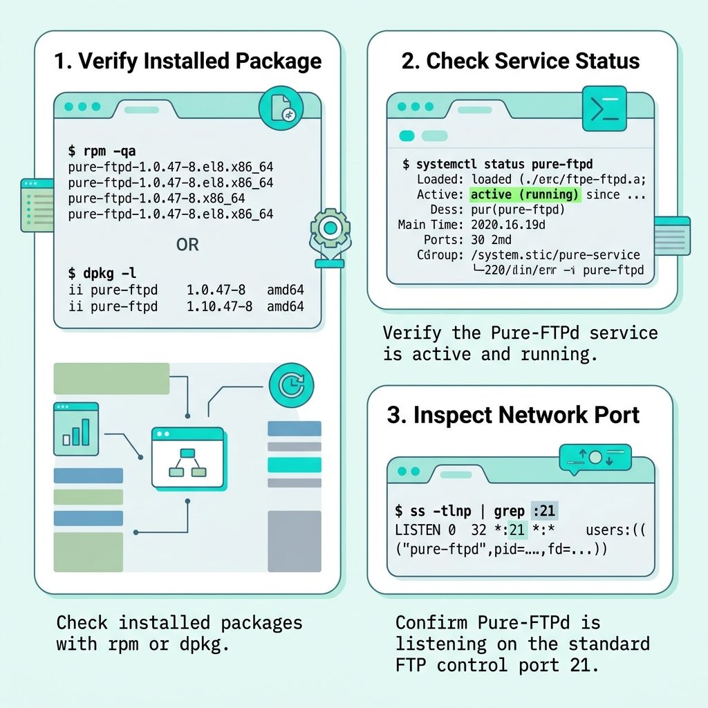 Check pure-ftpd installed — rpm/dpkg query, then systemctl status to verify the service