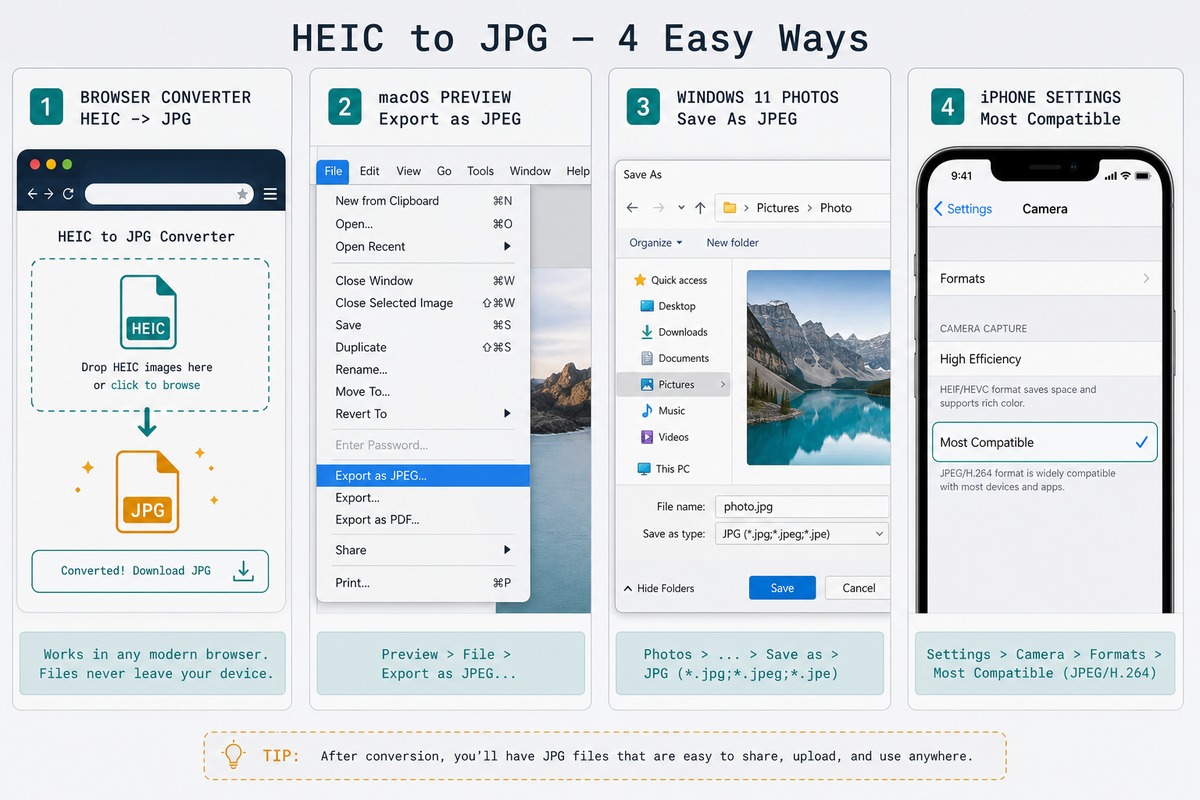 HEIC to JPG conversion — browser-based, macOS Preview, Windows 11 Photos, iPhone settings switch