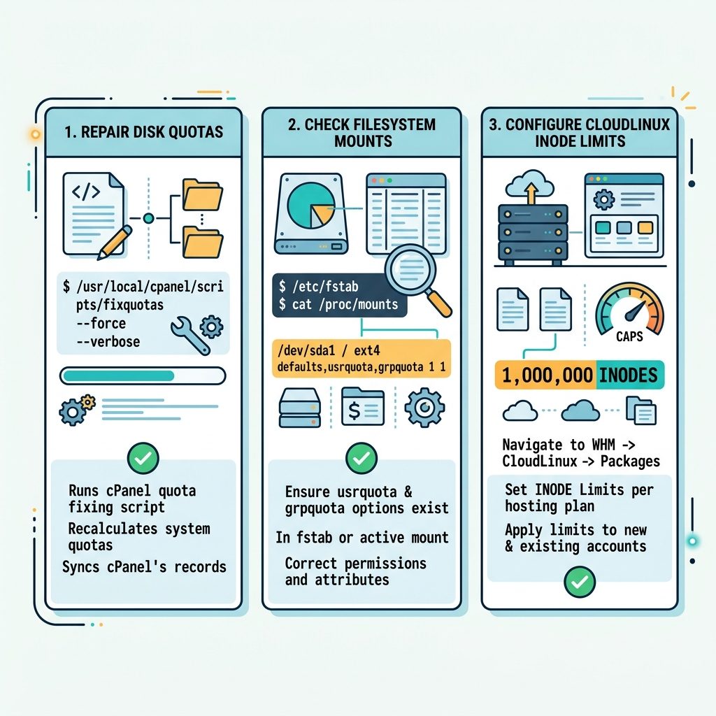 Fix cPanel quotas — fixquotas script, package quota check, CloudLinux INODES