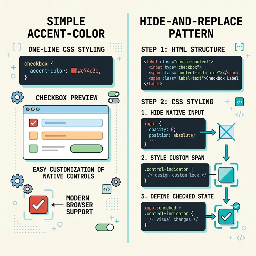 CSS checkbox background color — accent-color (modern) vs hide-and-replace fallback