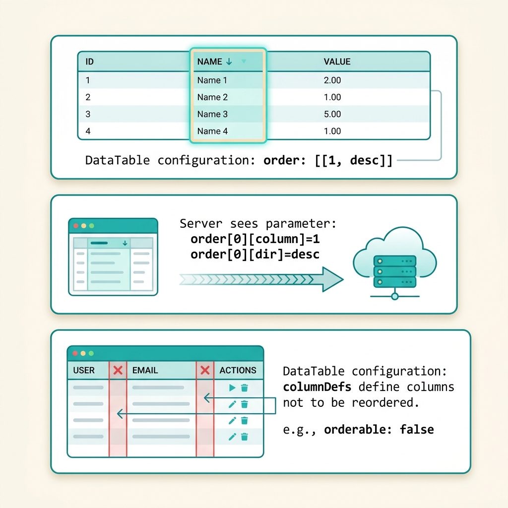 DataTables default sort order — order option, server request format, column-disable