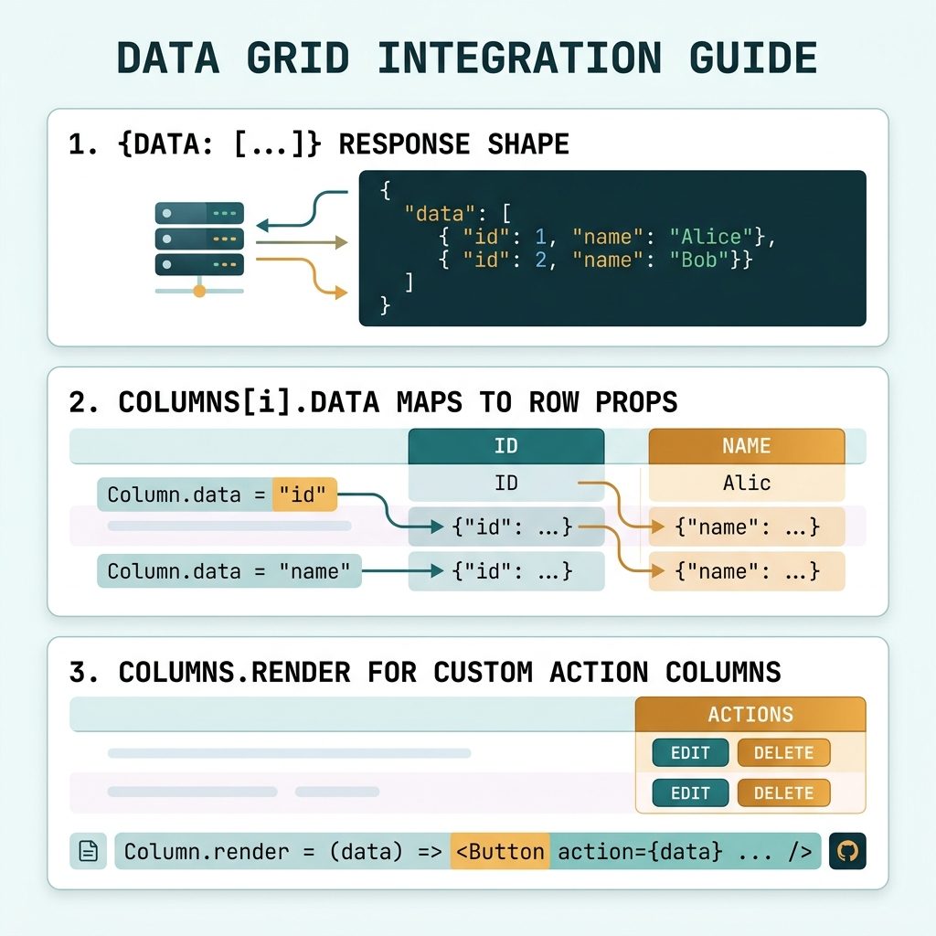 DataTables Ajax load — JSON shape, columns mapping, custom render, server-side flag