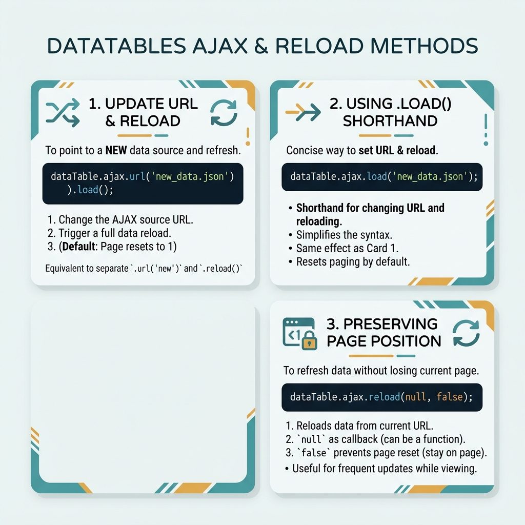 DataTables reload with new URL — ajax.url() + reload, .load() shorthand, preserve page