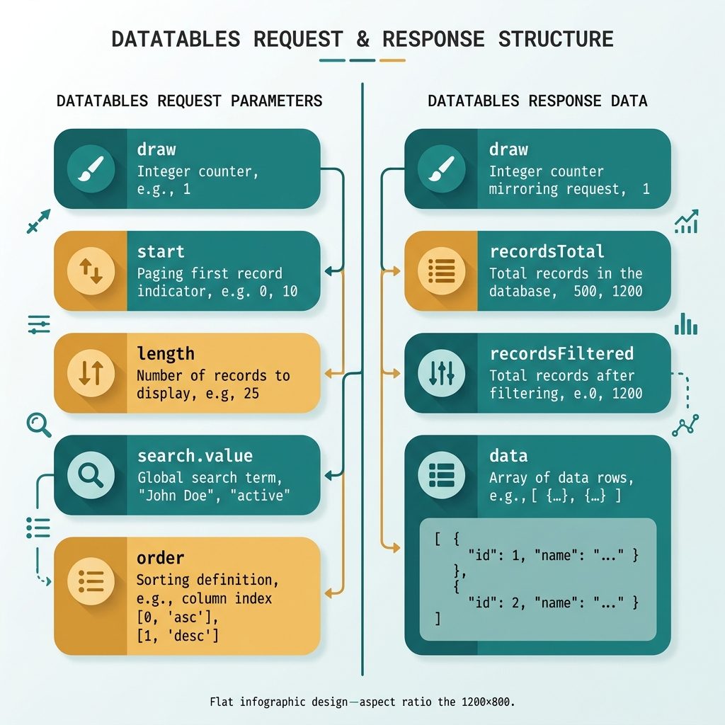 DataTables server-side ajax — request parameters and response shape