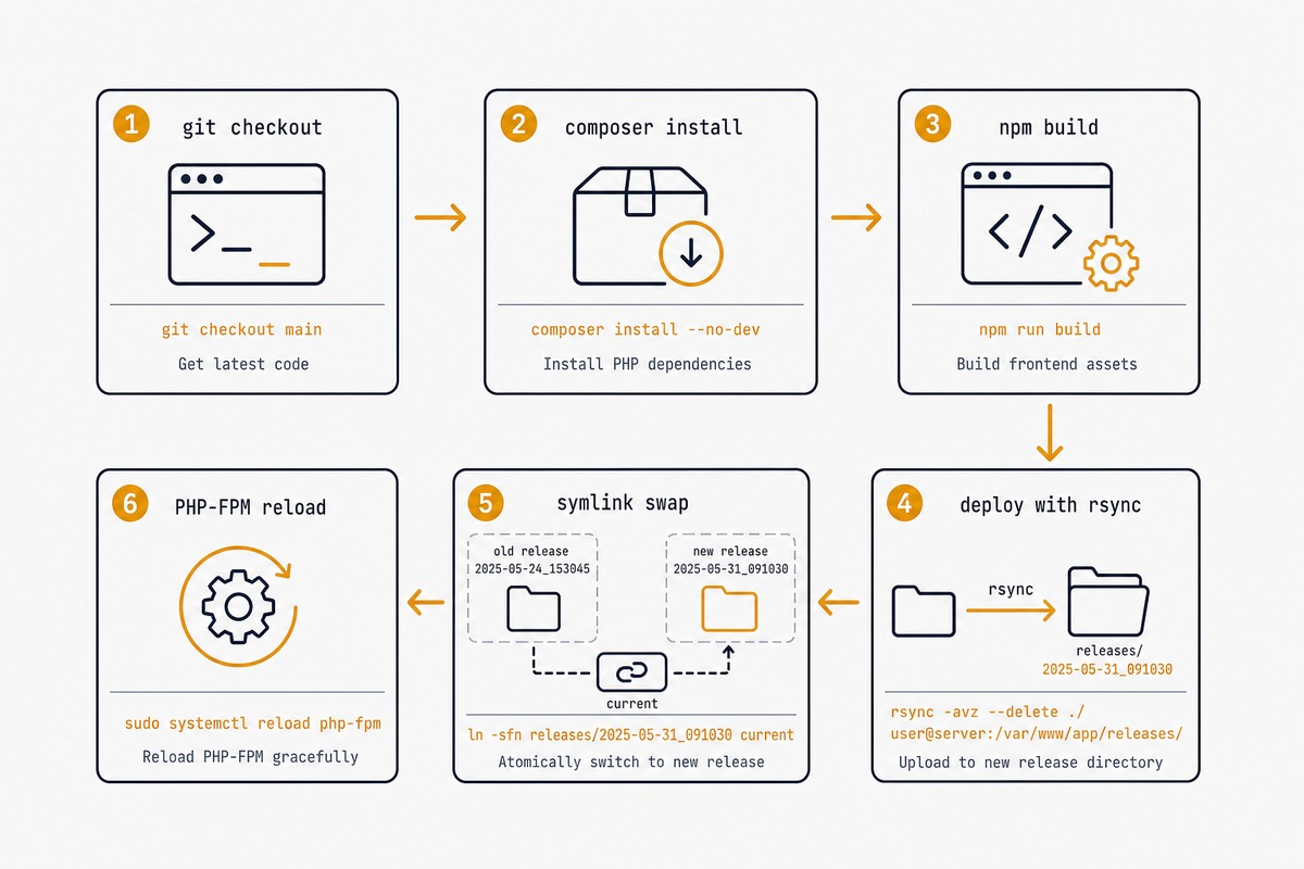 Laravel deploy flow — GitHub Actions runner, rsync to releases/, symlink swap to current/, PHP-FPM reload