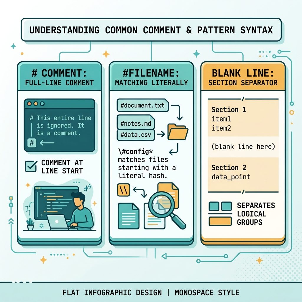 gitignore comment syntax — # at start of line, escape with backslash, blank lines as separators