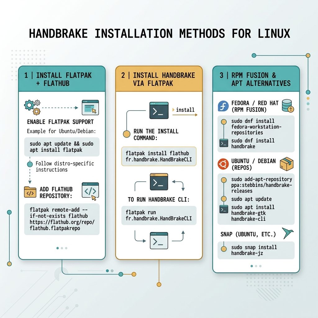 Install HandBrake CLI on Linux — Flatpak install, run via flatpak run, RPM Fusion alternative