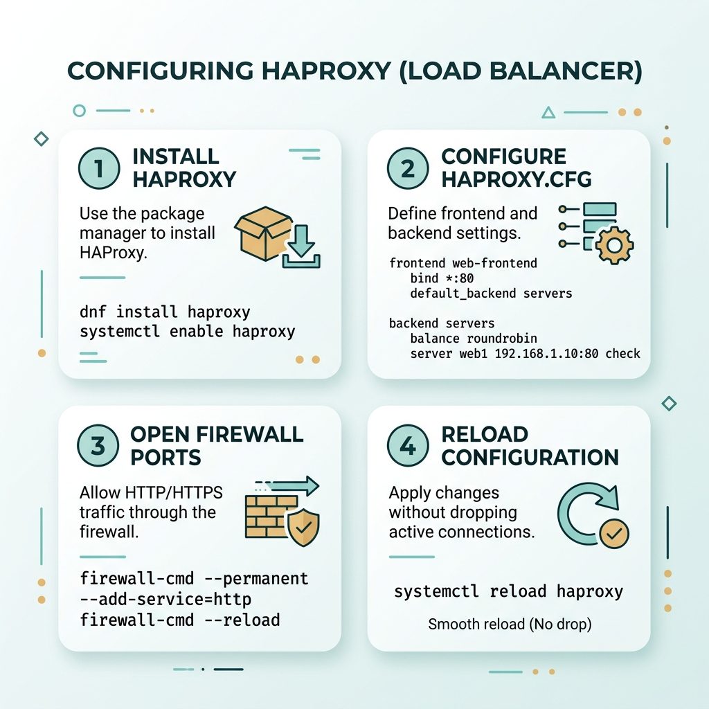 HAProxy on RHEL-family — install with dnf, frontend/backend config, firewall, systemctl reload