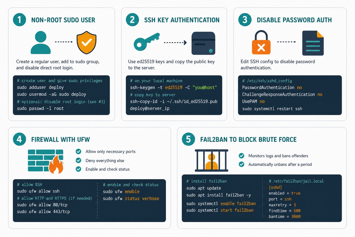 Harden Ubuntu VPS — non-root user, SSH keys, UFW, Fail2Ban, unattended-upgrades