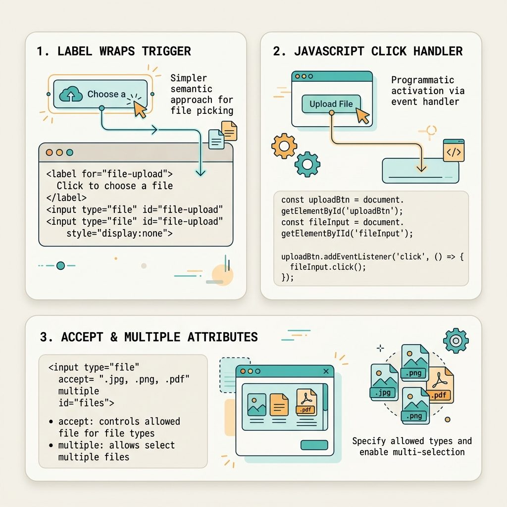 Open file dialog from a button — label trick, click() trigger, accept and multiple attributes