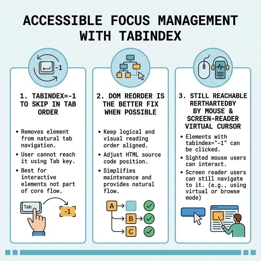 Skip a link with Tab — tabindex=-1, DOM reorder alternative, accessibility note