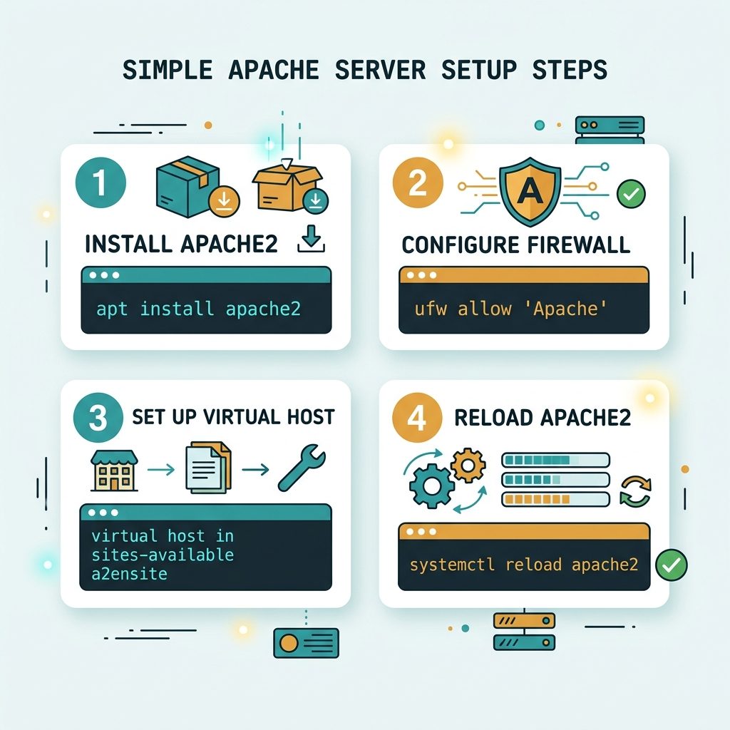 Install Apache on Ubuntu — apt install, UFW profile, virtual host setup, systemctl reload