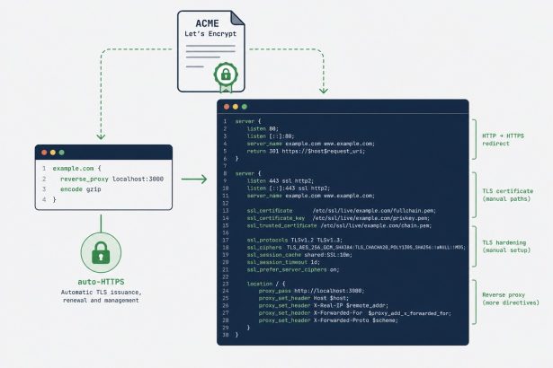 Caddy server — automatic HTTPS, 3-line Caddyfile vs 25-line nginx config