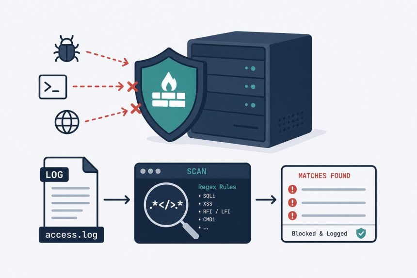 fail2ban shield blocking incoming brute-force probes, log file feeding the scanner