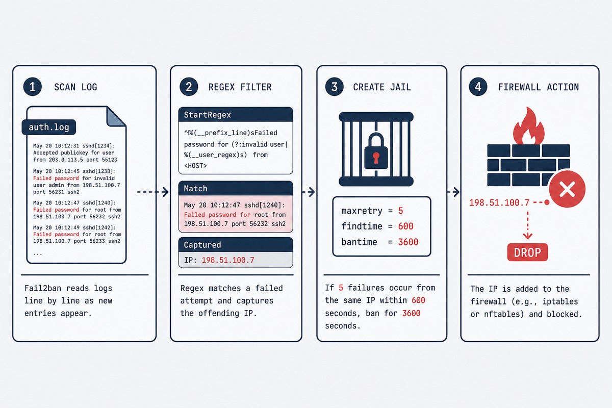 fail2ban architecture — log scan, filter regex match, jail trigger, firewall drop
