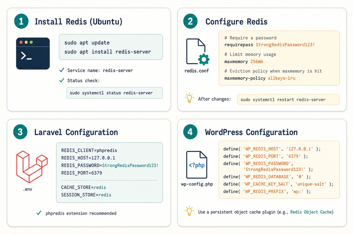 Install Redis on Ubuntu — apt install, secure with password, wire into Laravel/WordPress