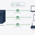 WireGuard encrypted tunnel between server and clients with lock icons