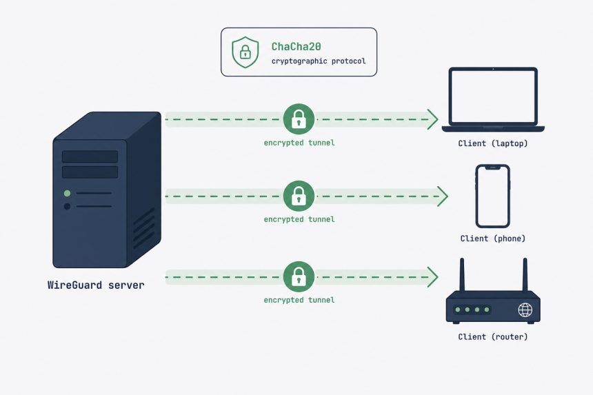 WireGuard encrypted tunnel between server and clients with lock icons