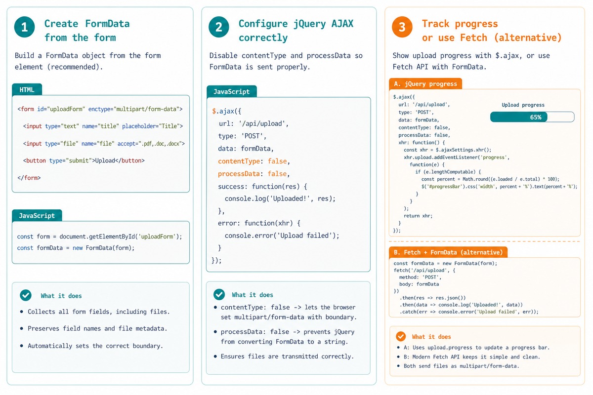 jQuery Ajax file upload — FormData, contentType/processData false, upload progress, fetch alternative