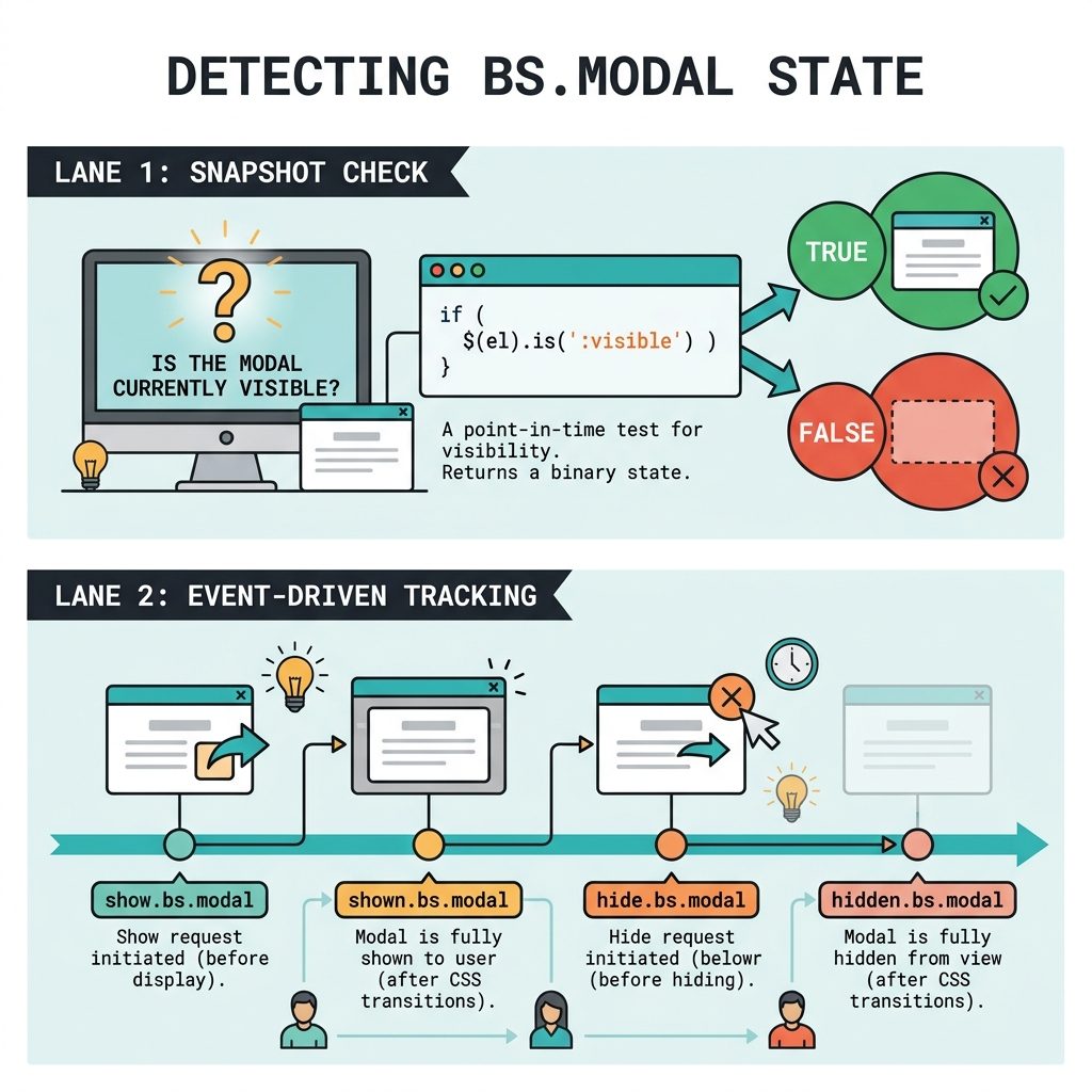 Check if Bootstrap modal is open with jQuery — :visible snapshot and bs.modal events