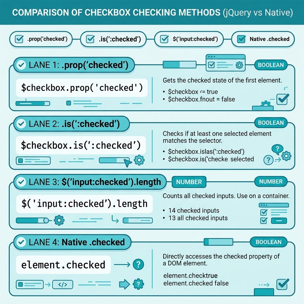 jQuery check if checkbox is checked — .prop, .is(':checked'), :checked selector, vanilla JS