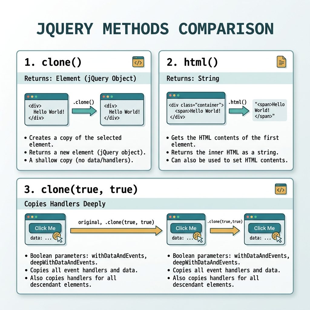 jQuery duplicate div — clone vs html, with/without events, deep id handling