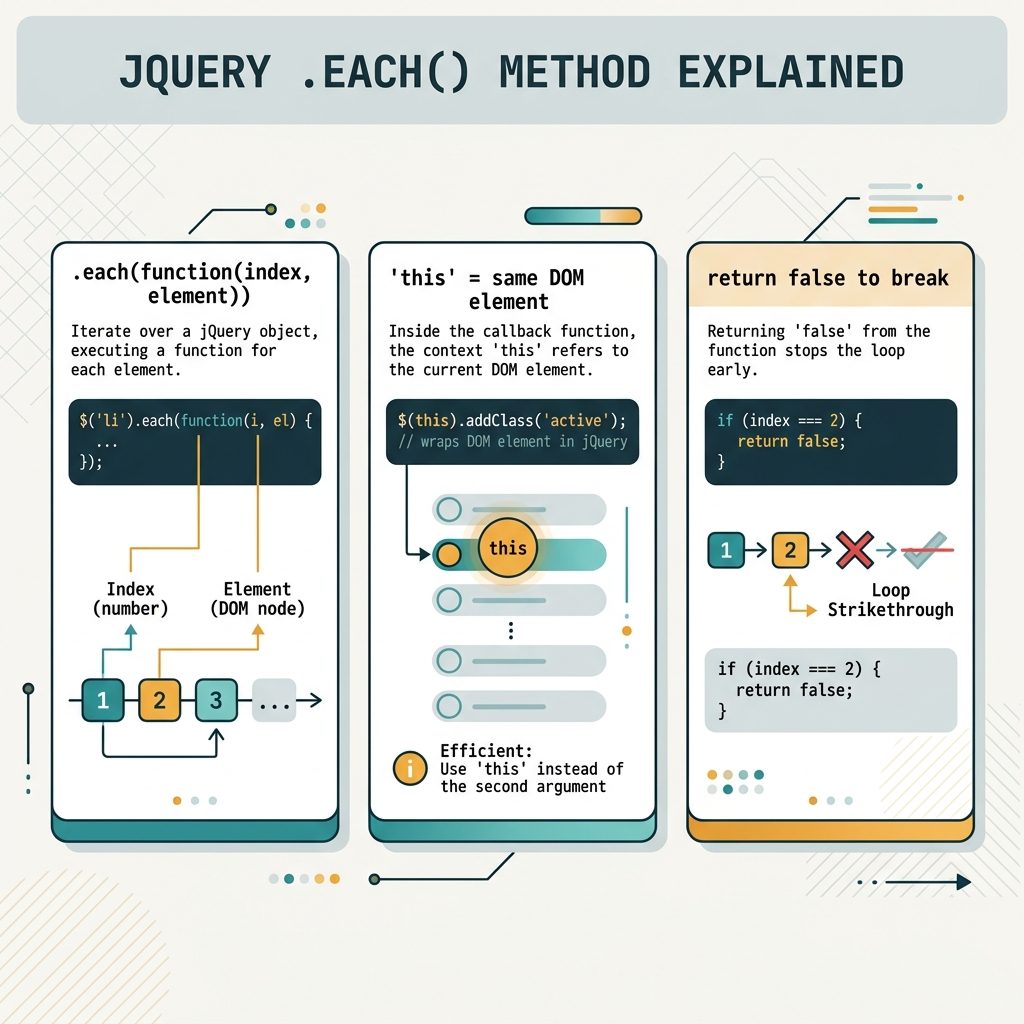 jQuery .each(index, element) callback signature with this binding and early-return break