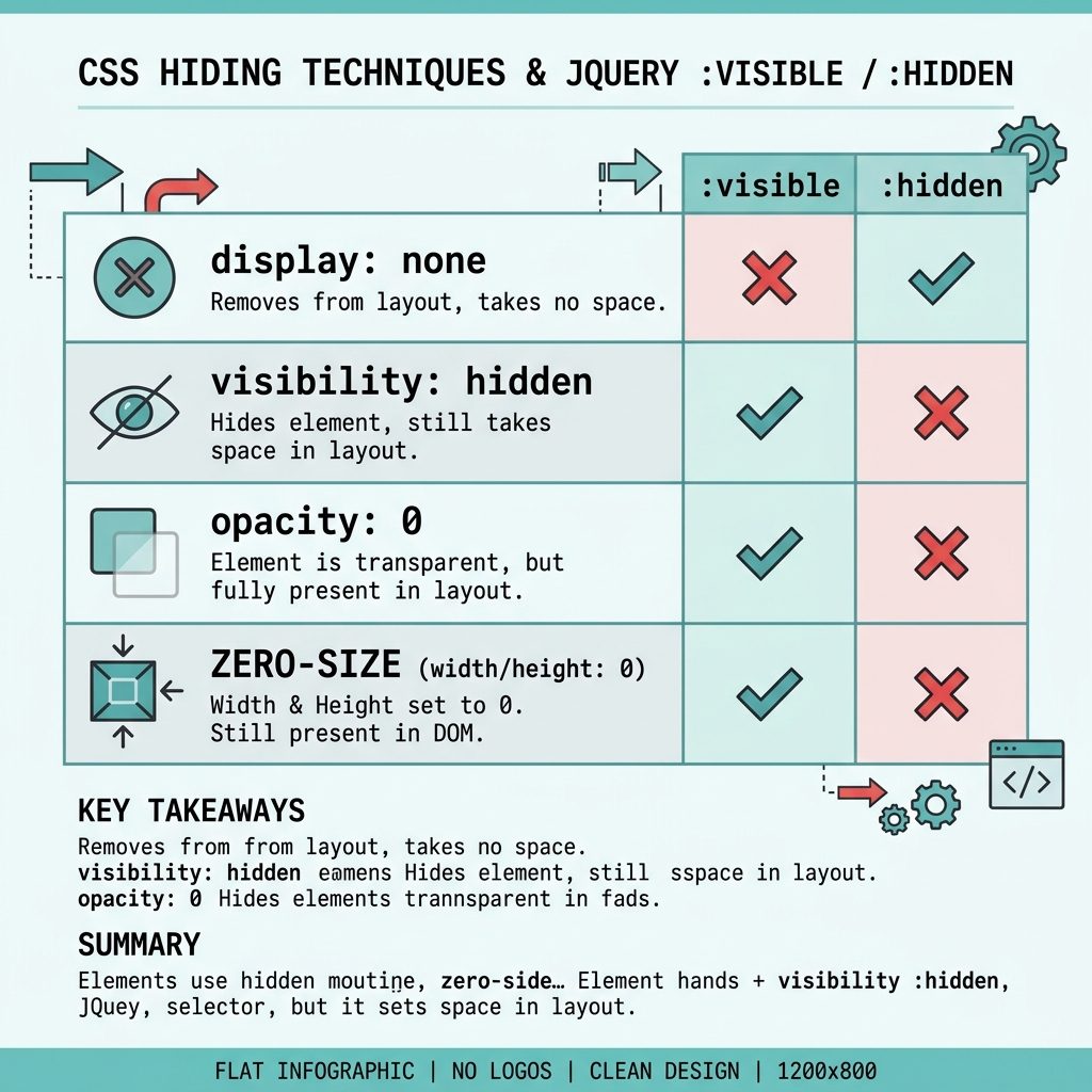 Check element visibility in jQuery — :visible covers display, doesn't cover visibility/opacity
