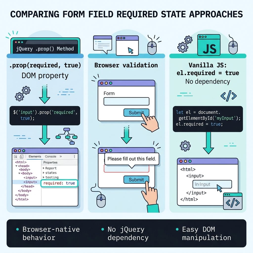 jQuery add required attribute — .prop() updates DOM property, browser validates on submit
