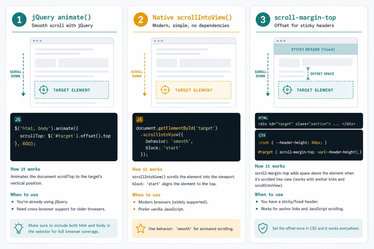 Scroll to element — jQuery animate, native scrollIntoView, scroll-margin-top for sticky-header offset