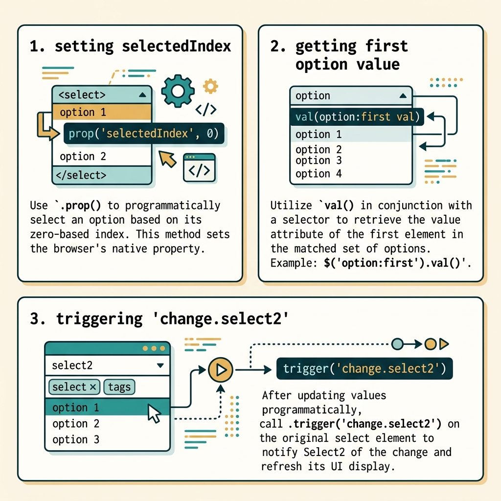 jQuery first option selected — selectedIndex, val() with first option, Select2 variant