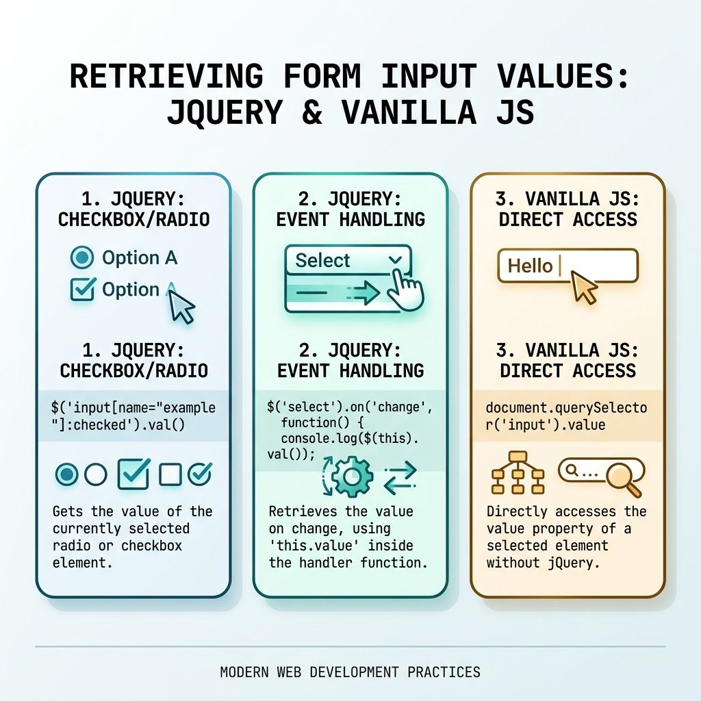 jQuery selected radio value — :checked selector, change handler, vanilla equivalent
